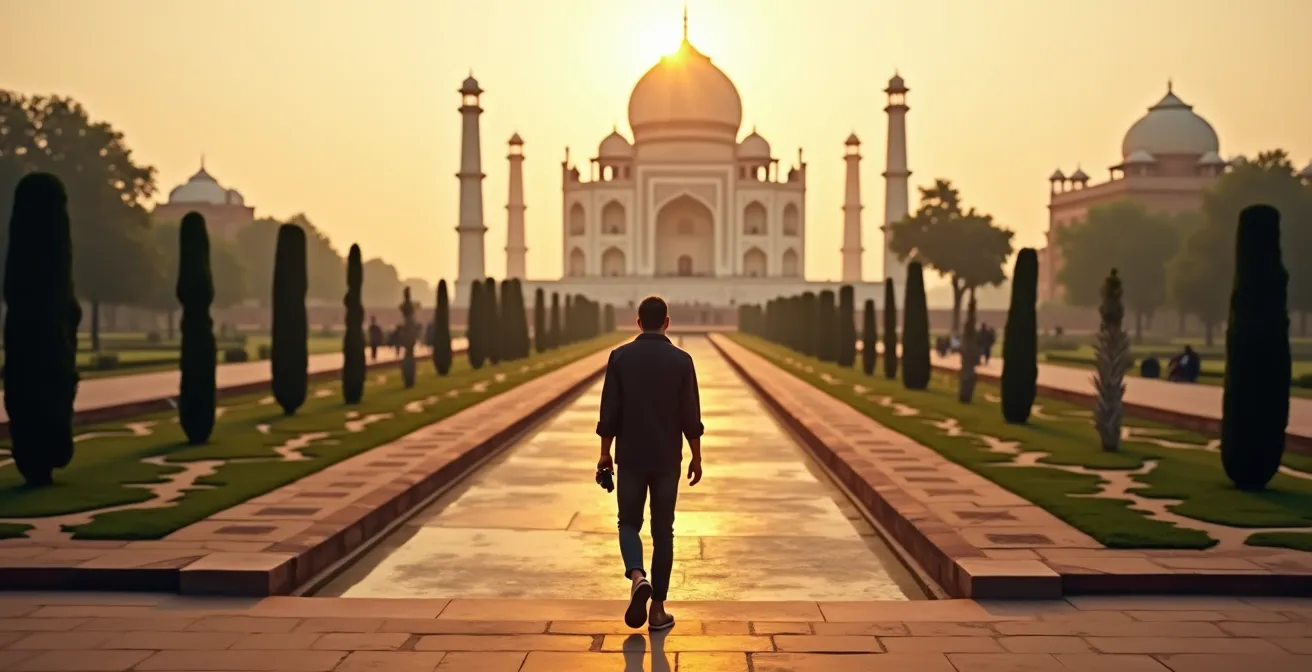 Taj Mahal gardens during the silver hour with dramatic lighting and no crowds