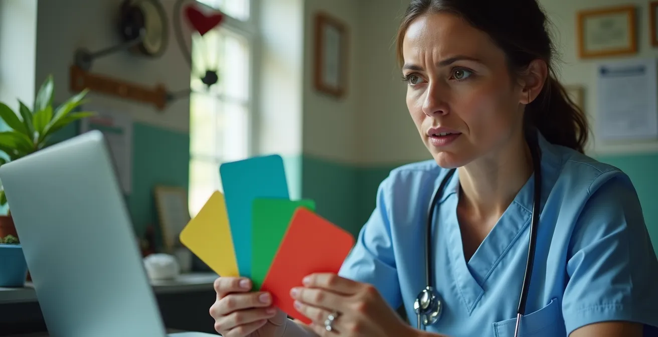 Medical professional evaluating triage decision with rural patient connection