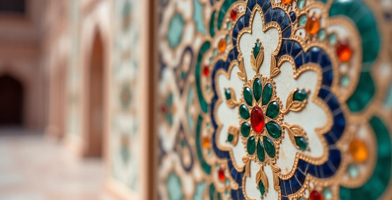 Close-up of Taj Mahal marble inlay detail captured with telephoto lens