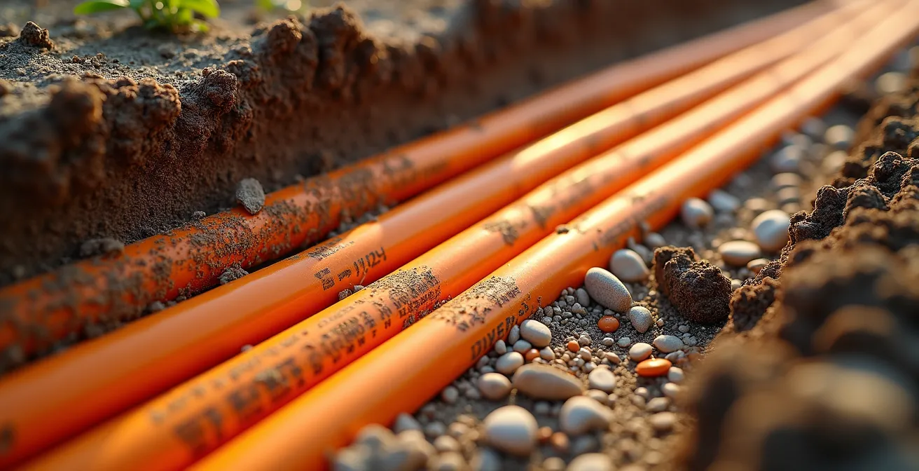 Cross-section view of underground cable installation showing layers and conduits