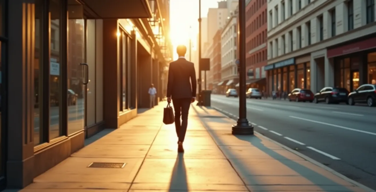 A person in professional attire practicing walking meditation on a city street during their morning commute, with a blurred background suggesting movement.
