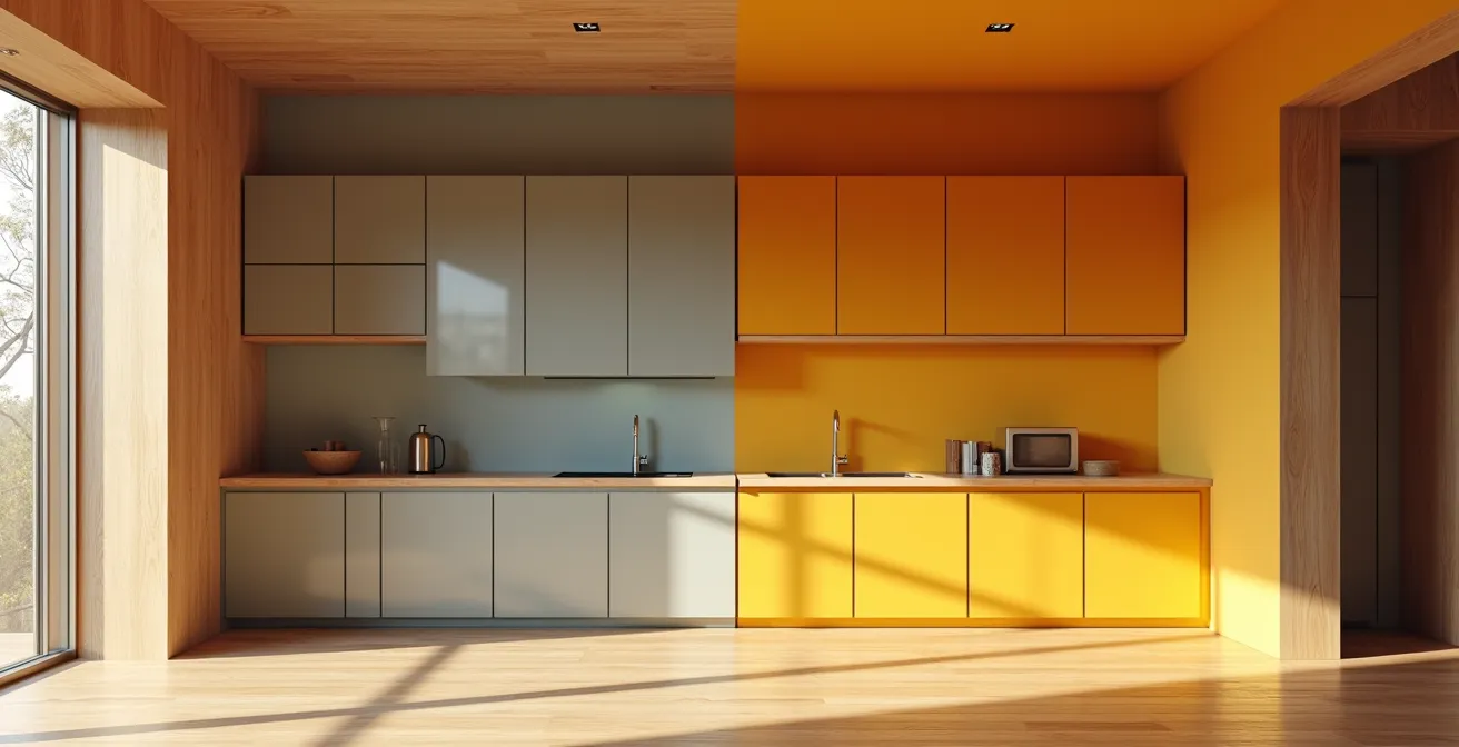 Split comparison showing warm and cool wood undertones in an open living space