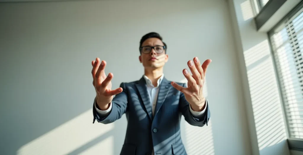 Professional demonstrating expansive hand gestures in presentation setting